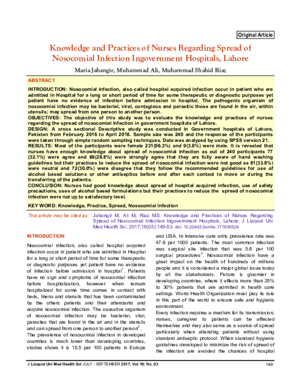 (PDF) Knowledge and Practices of Nurses Regarding Spread of Nosocomial ...