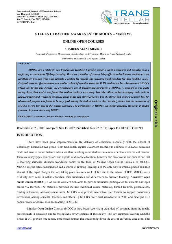 (PDF) Student Teacher Awareness of Moocs – Massive Online Open Courses ...