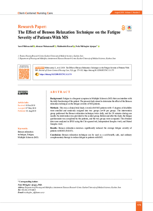 (PDF) The Effect of Benson Relaxation Technique on the Fatigue Severity ...
