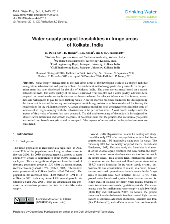 (PDF) Water supply project feasibilities in fringe areas of Kolkata