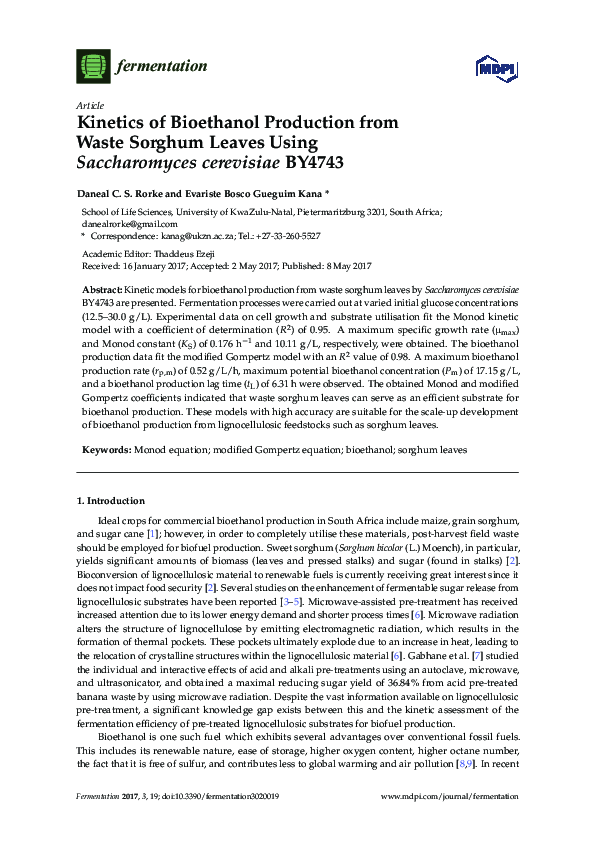 (PDF) Kinetics of Bioethanol Production from Waste Sorghum Leaves Using ...