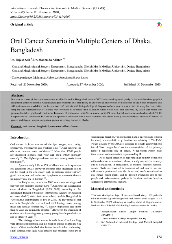 (PDF) Oral Cancer Senario in Multiple Centers of Dhaka, Bangladesh