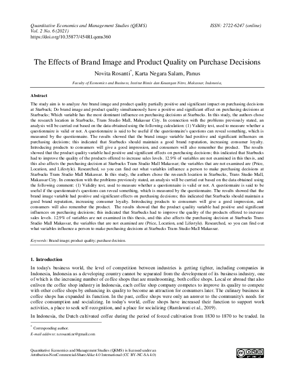 (PDF) The Effects of Brand Image and Product Quality on Purchase Decisions