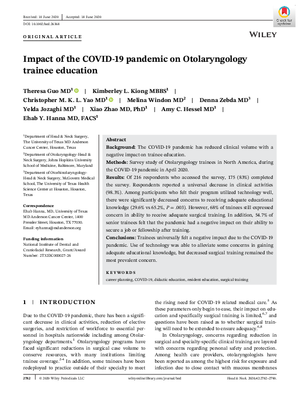 (PDF) Impact of the COVID-19 pandemic on Otolaryngology trainee education