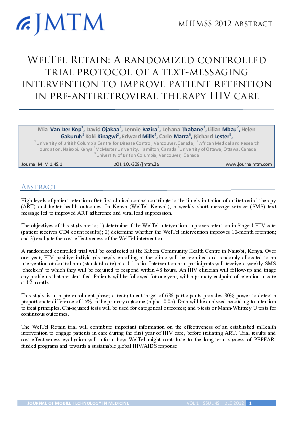 (PDF) WelTel Retain: A randomized controlled trial protocol of a text ...