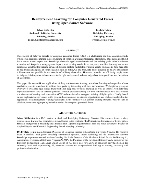 (PDF) Reinforcement Learning for Computer Generated Forces using Open ...