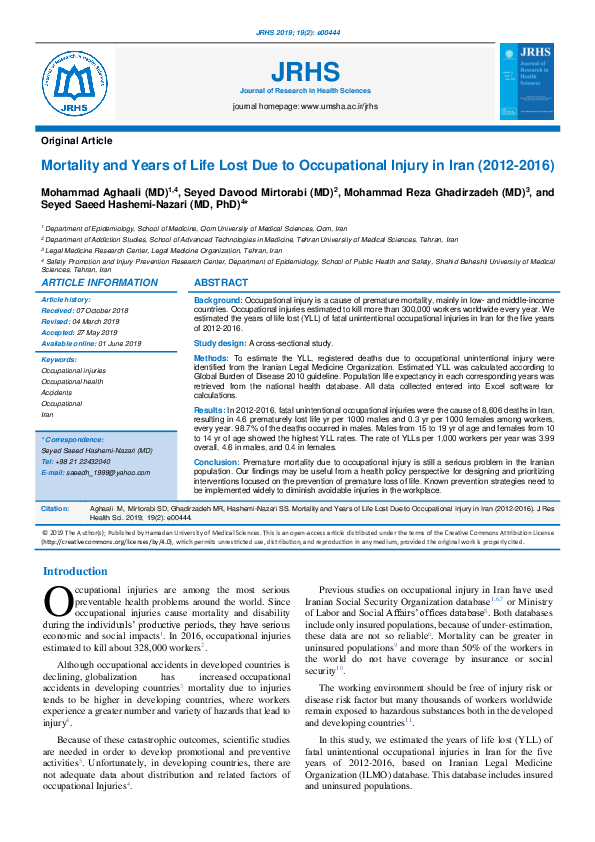 (PDF) Mortality and Years of Life Lost Due to Occupational Injury in ...