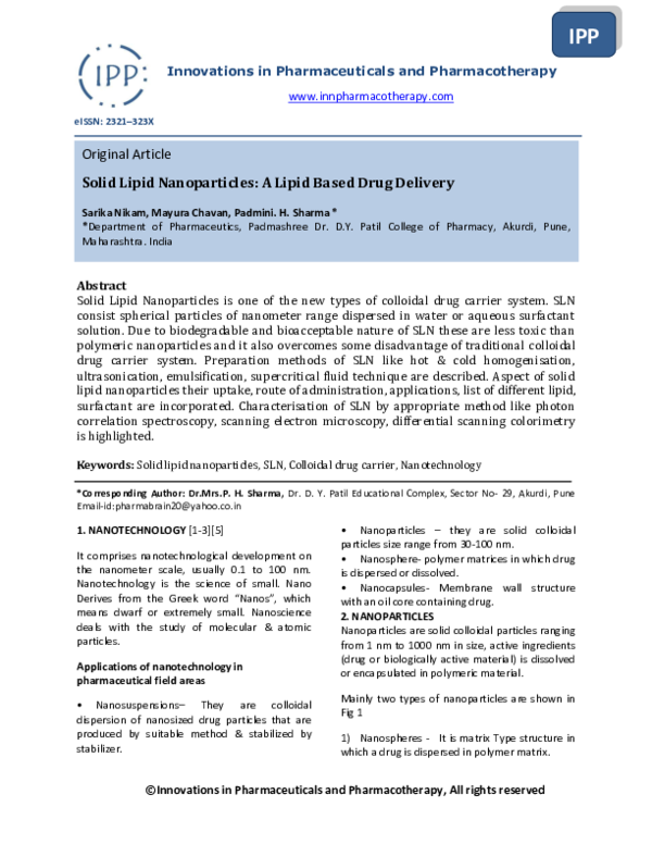 (PDF) Solid Lipid Nanoparticles : A Lipid Based Drug Delivery