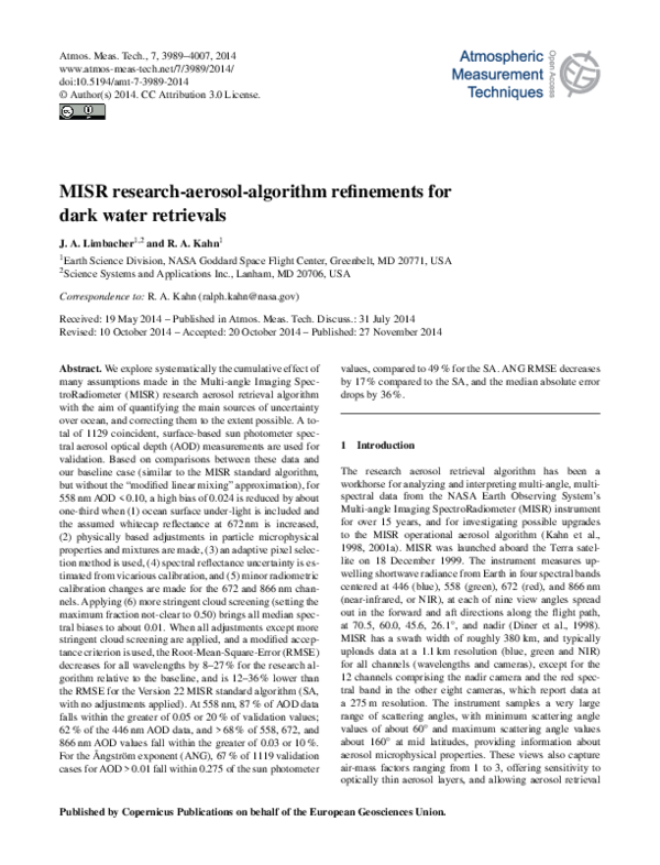 (PDF) MISR Research Aerosol Algorithm: refinements for dark water ...