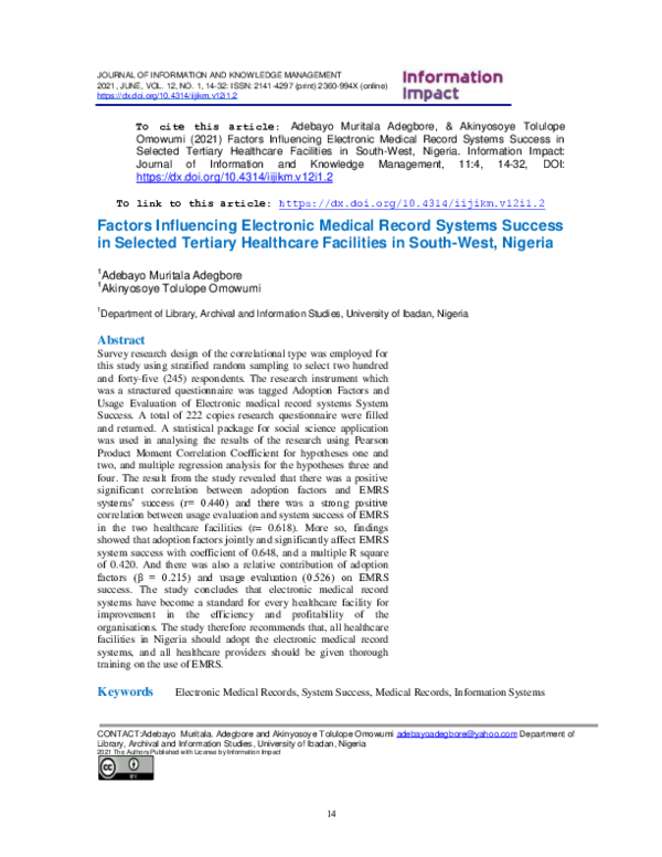 (PDF) Factors Influencing Electronic Medical Record Systems Success in ...