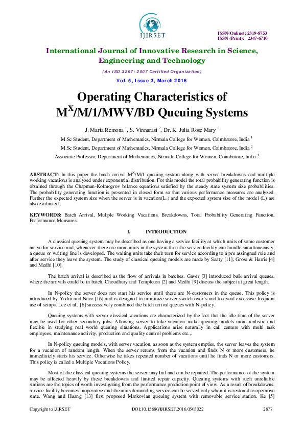 (PDF) Operating Characteristics of M/M/1/MWV/BD Queuing Systems Julia