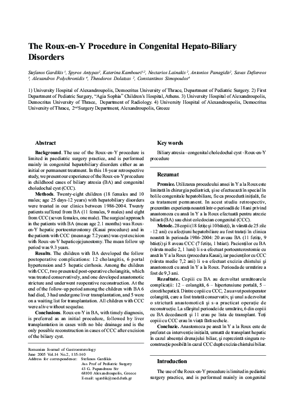 (PDF) The Roux-en-Y procedure in congenital hepato-biliary disorders