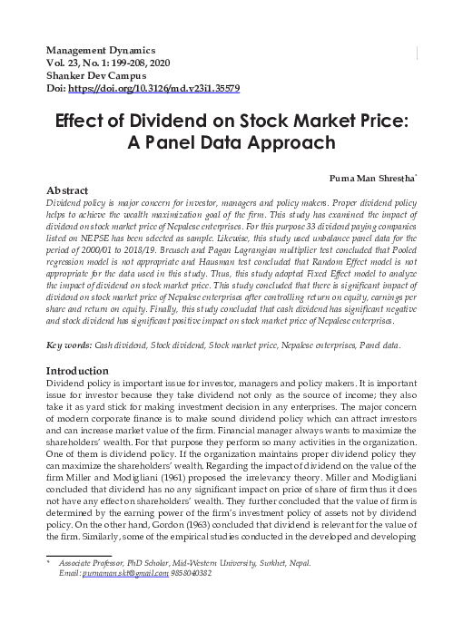 (PDF) Effect of Dividend on Stock Market Price: A Panel Data Approach