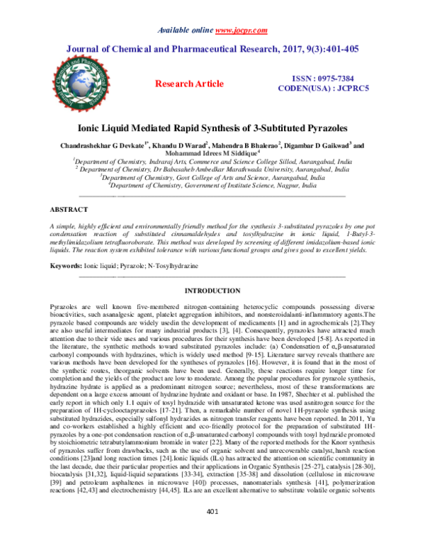 (PDF) Ionic Liquid Mediated Rapid Synthesis of 3-Subtituted Pyrazoles