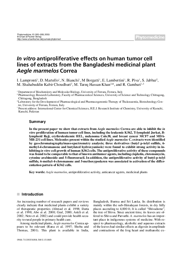 (PDF) In Vitro Antiproliferative Effects on Human Tumor Cell Lines of ...