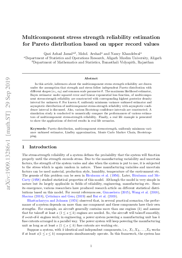 (PDF) Multicomponent stress strength reliability estimation for Pareto ...