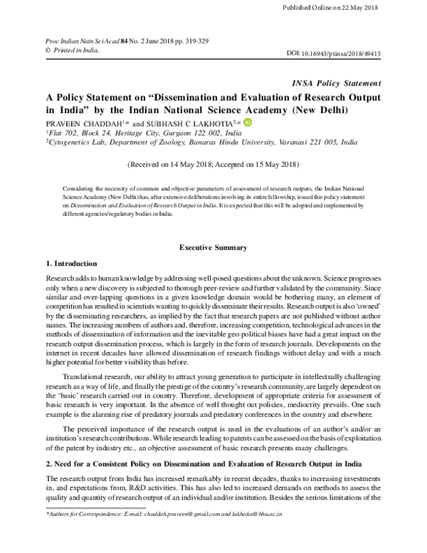 (PDF) A Policy Statement on "Dissemination and Evaluation of Research ...