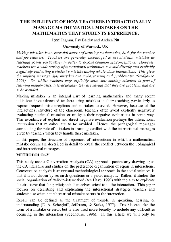 (PDF) The Influence of How Teachers Interactionally Manage Mathematical ...