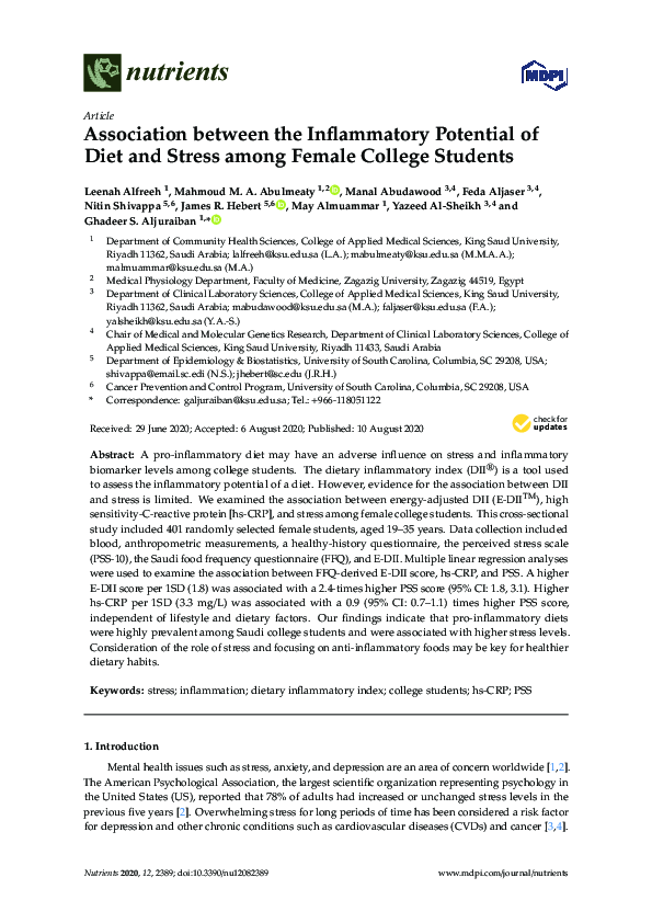 (PDF) Association between the Inflammatory Potential of Diet and Stress ...