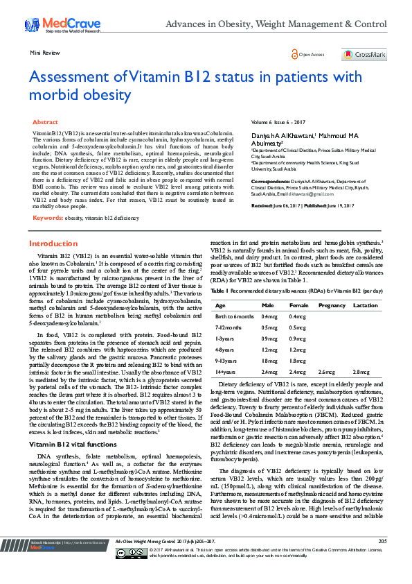 (PDF) Assessment of Vitamin B12 Status in Patients with Morbid Obesity