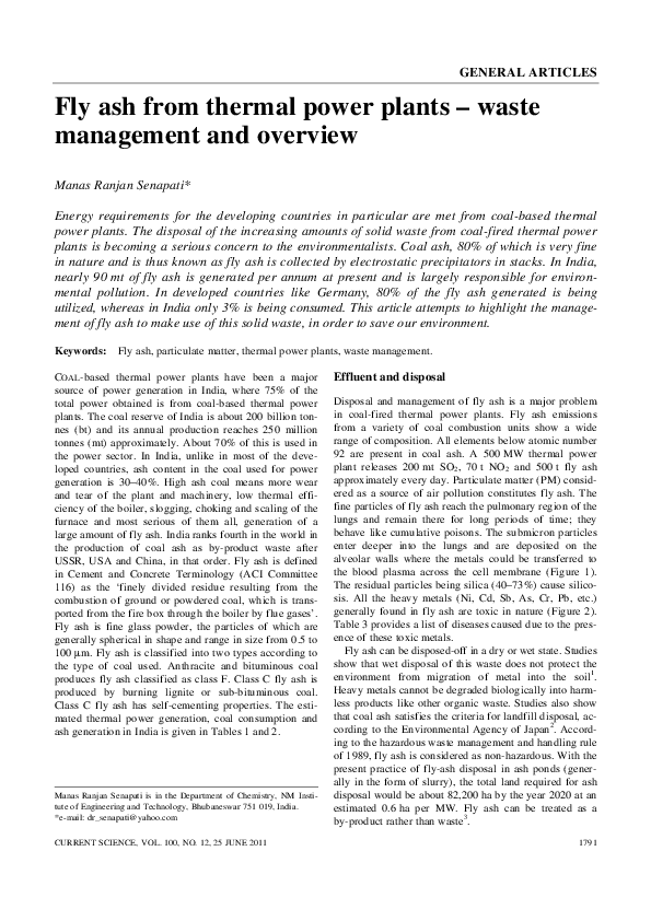 (PDF) Fly ash from thermal power plants - waste management and overview