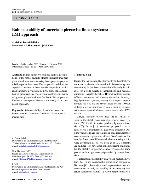 (PDF) Robust stability of uncertain piecewise-linear systems: LMI approach