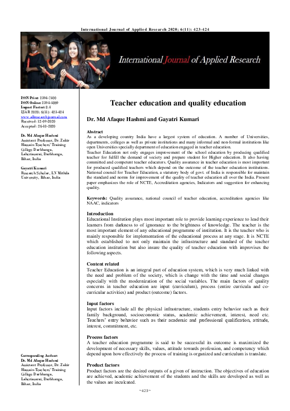 (PDF) Teacher education and quality education