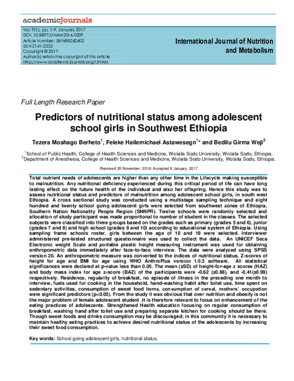 (PDF) Predictors of nutritional status among adolescent school girls in ...