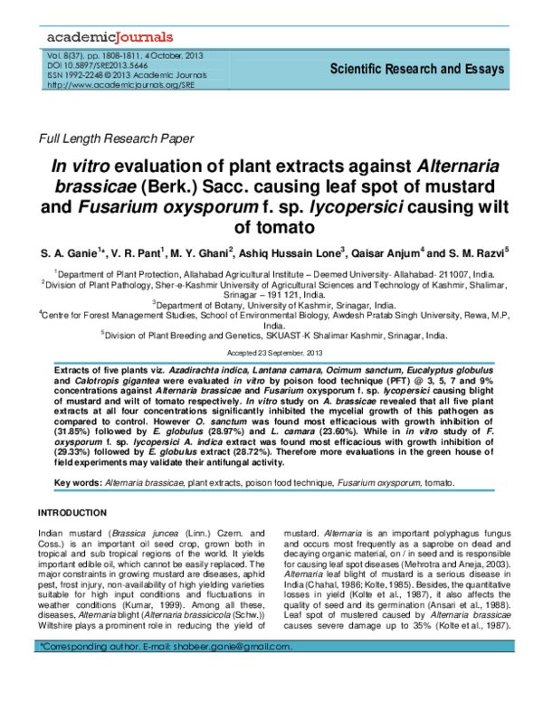 (PDF) In vitro evaluation of plant extracts against Alternaria ...
