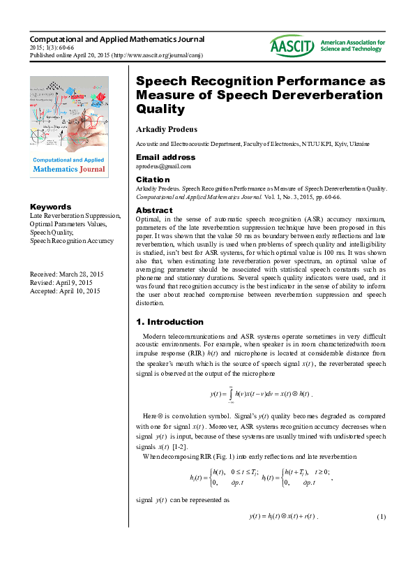 (PDF) Speech Recognition Performance as Measure of Speech ...
