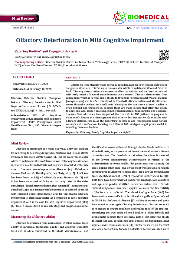 (PDF) Olfactory Deterioration in Mild Cognitive Impairment