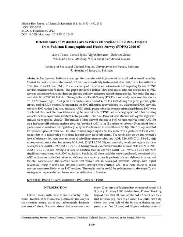 (PDF) Determinants of Postnatal Care Services Utilization in Pakistan ...