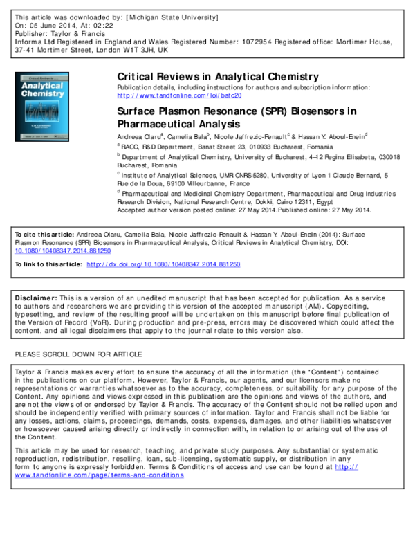 (PDF) Surface Plasmon Resonance (SPR) Biosensors in Pharmaceutical Analysis
