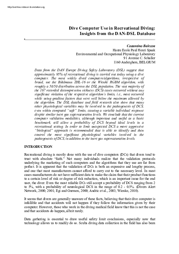(PDF) Dive Computer Use in Recreational Diving: Insights from the DAN ...