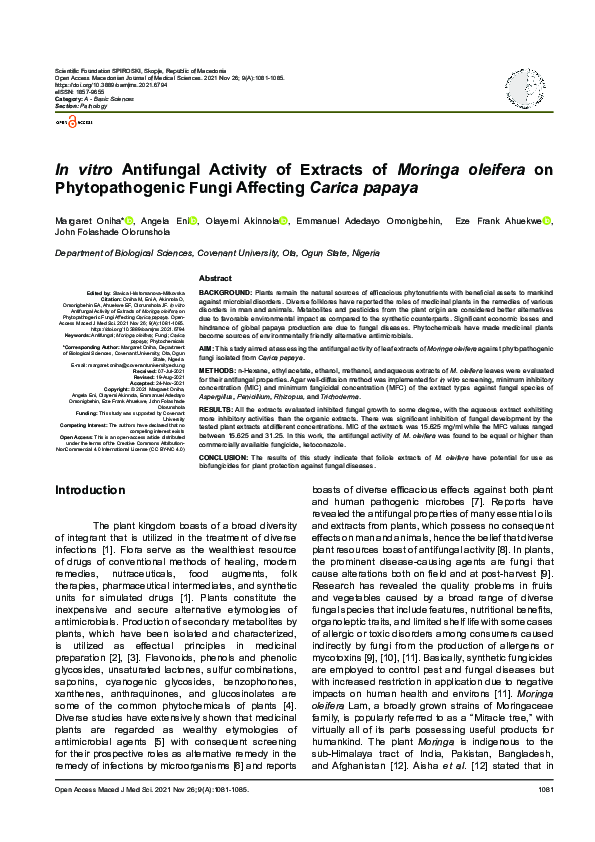 (PDF) In vitro Antifungal Activity of Extracts of Moringa oleifera on ...