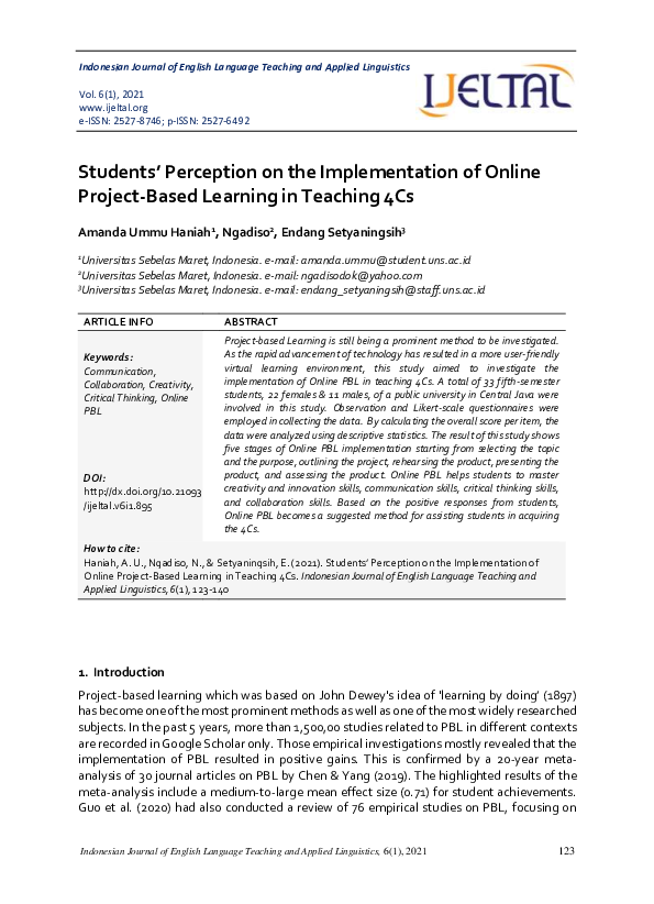 (PDF) Students' Perception on the Implementation of Online Project ...