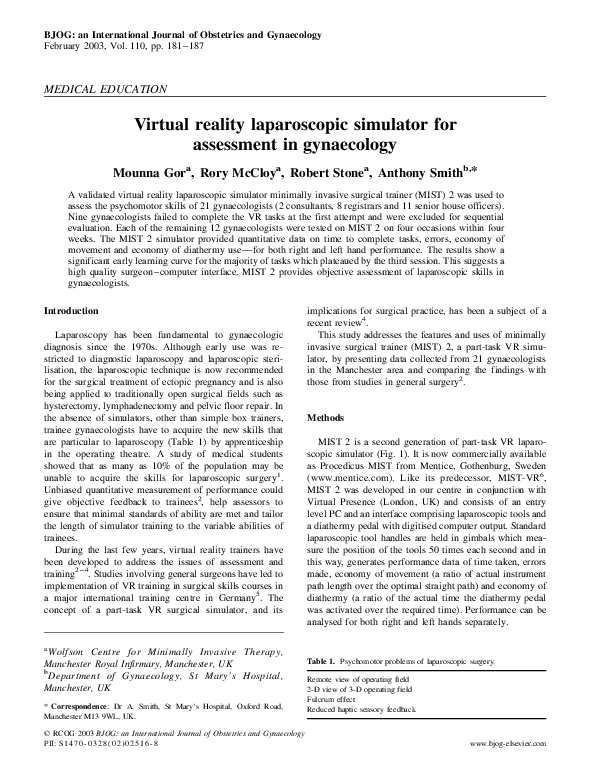 (PDF) Virtual reality laparoscopic simulator for assessment in gynaecology