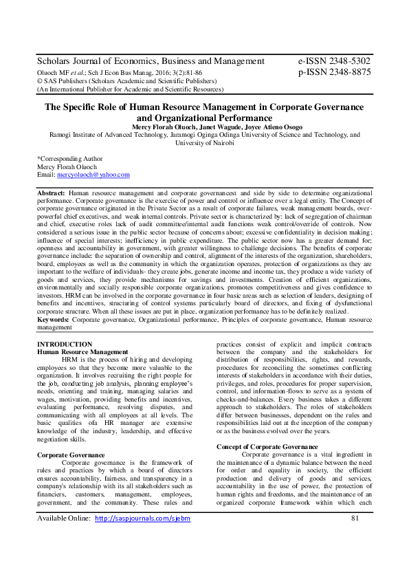 (PDF) The Specific Role of Human Resource Management in Corporate ...