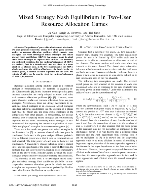 (PDF) Mixed strategy Nash equilibrium in two-user resource allocation games