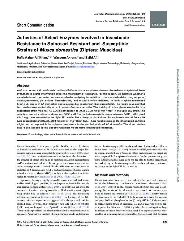 (PDF) Activities of Select Enzymes Involved in Insecticide Resistance ...
