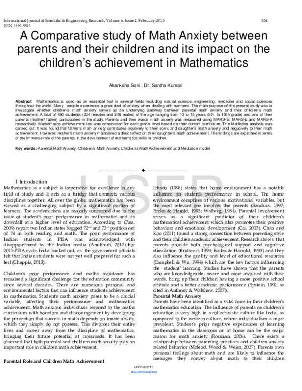 (PDF) A Comparative study of Math Anxiety between parents and their ...