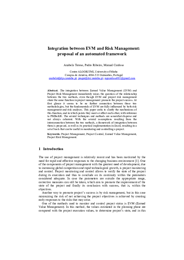 (PDF) Integration Between EVM and Risk Management: Proposal of an ...