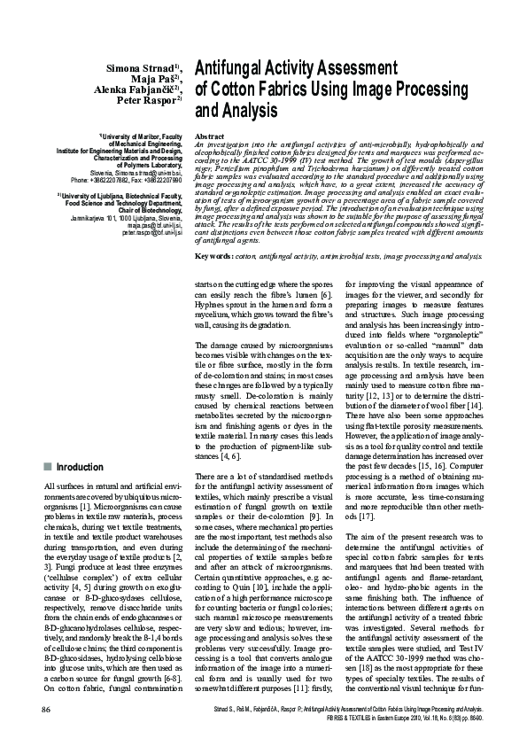 (PDF) Antifungal Activity Assessment of Cotton Fabrics Using Image ...