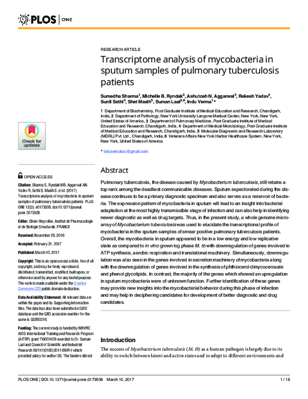 (PDF) Transcriptome analysis of mycobacteria in sputum samples of ...