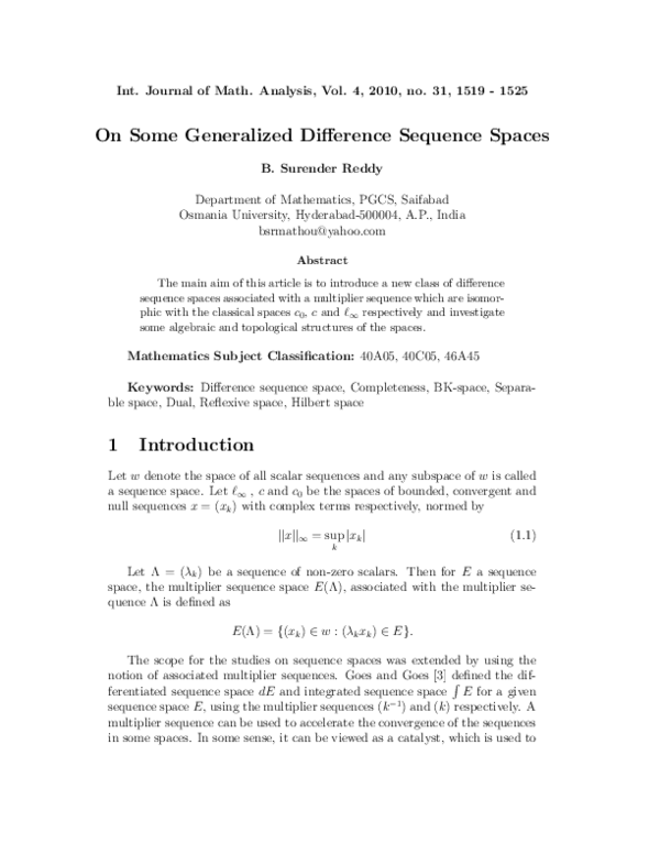 (PDF) On Some Generalized Difference Sequence Spaces