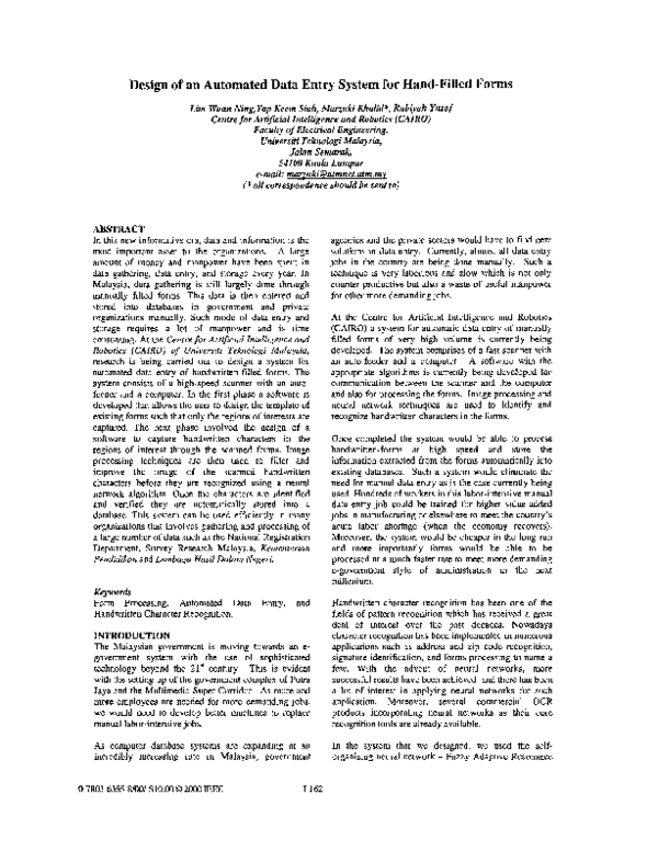 (PDF) Design of an automated data entry system for hand-filled forms