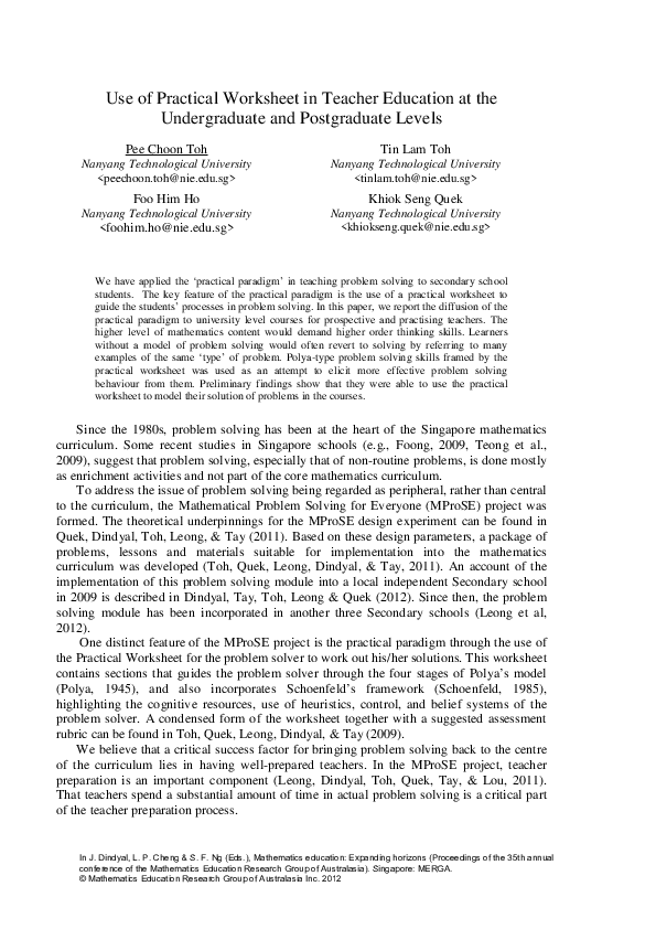 (PDF) Use of Practical Worksheet in Teacher Education at the ...