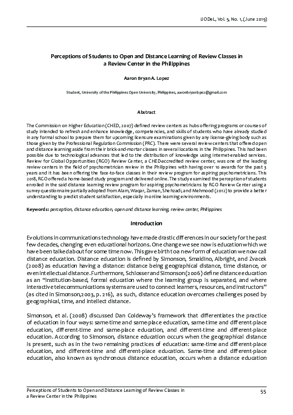 (PDF) Perceptions of Students to Open and Distance Learning of Review ...