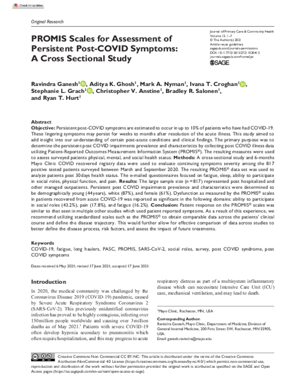 (PDF) PROMIS Scales for Assessment of Persistent Post-COVID Symptoms: A ...