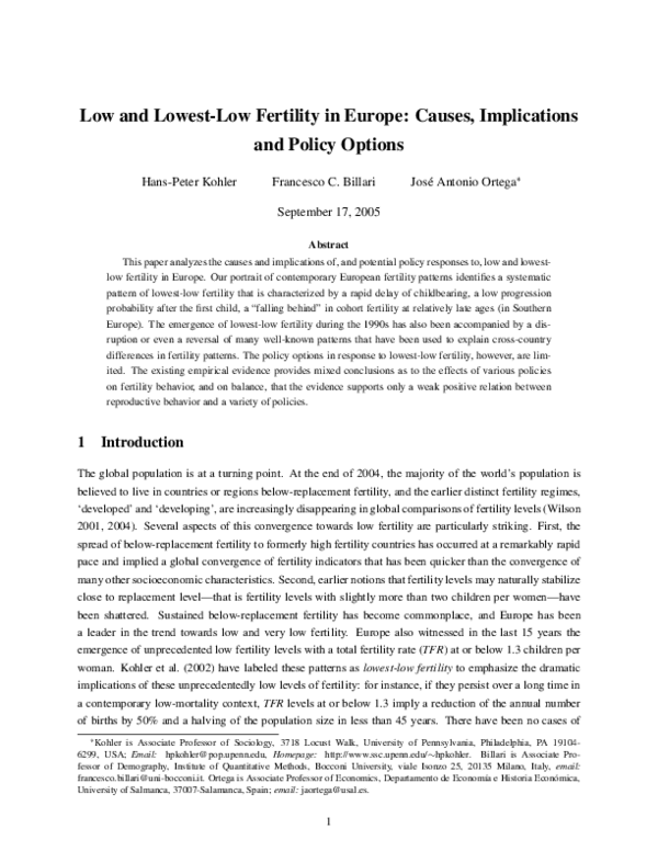 (PDF) Low and lowest-low fertility in Europe: causes implications and ...